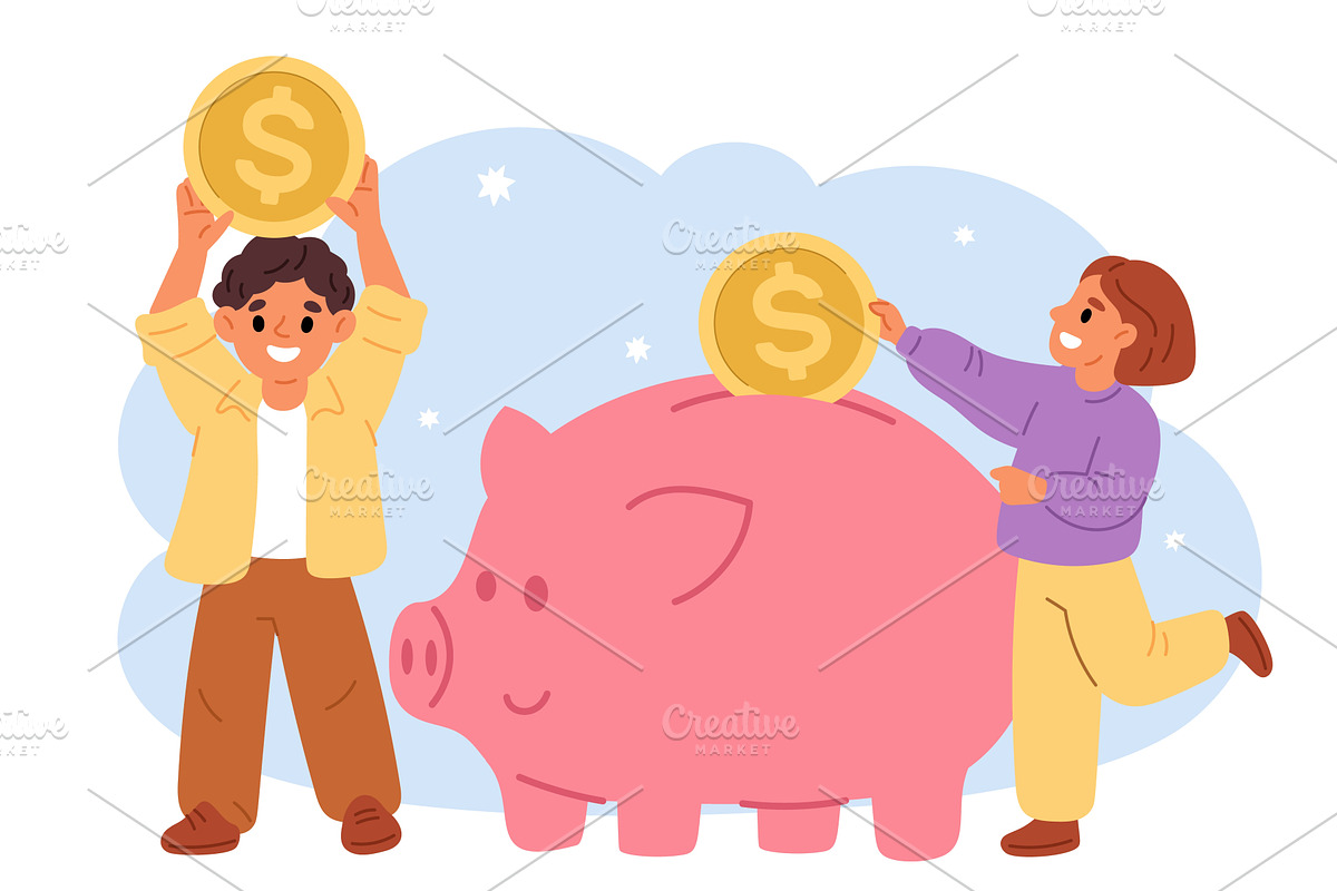 Girl and boy collect gold coins in, a Finance Illustration by Vectorbuum