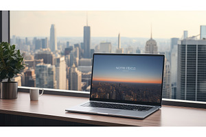 glass laptop on desk mockup ai, a Technology Photo by pikepicture