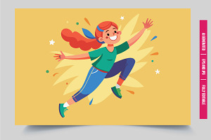Woman jumps arms raised confetti, an Illustration by Tanuart