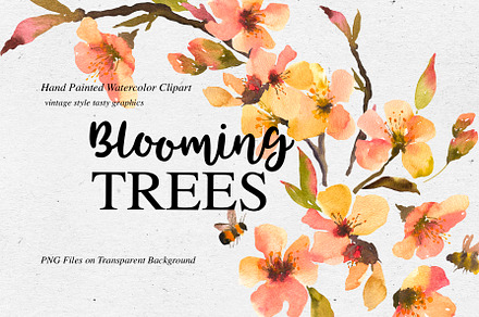 Watercolor blossom tree flowers