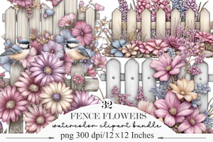 Watercolor Fence Flowers Clipart, an Illustration by Designking
