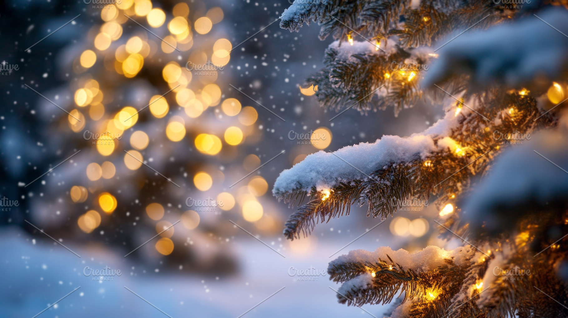 Frosted Evergreen Branches with Warm Fairy Lights, an Abstract Photo by Natalia Klenova's Shop