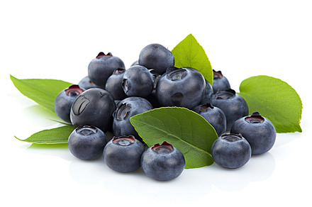 Delicious and flavorful blueberries with their green leaves on a white backgrou, a Food & Drink Photo by José Manuel Gelpi
