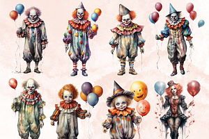 Watercolor Halloween Clown Clipart