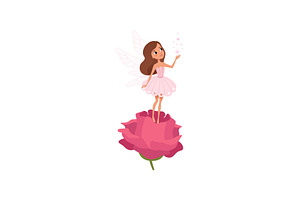 Cartoon Fairy Girl Standing On Rose