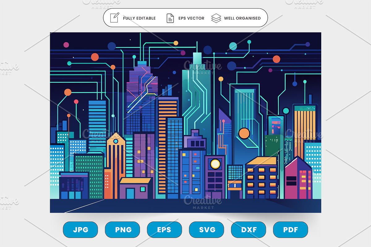 A futuristic city skyline with tower, a Graphic by SaroStock