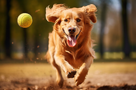 Retriever dog running in autumn park, an Animal Photo by AlyaAnd