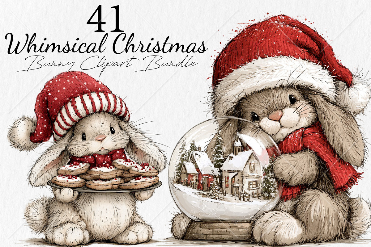 Whimsical Christmas Bunny Clipart, a Seasonal Illustration by Canvas Craft (Photo 1 of 10)