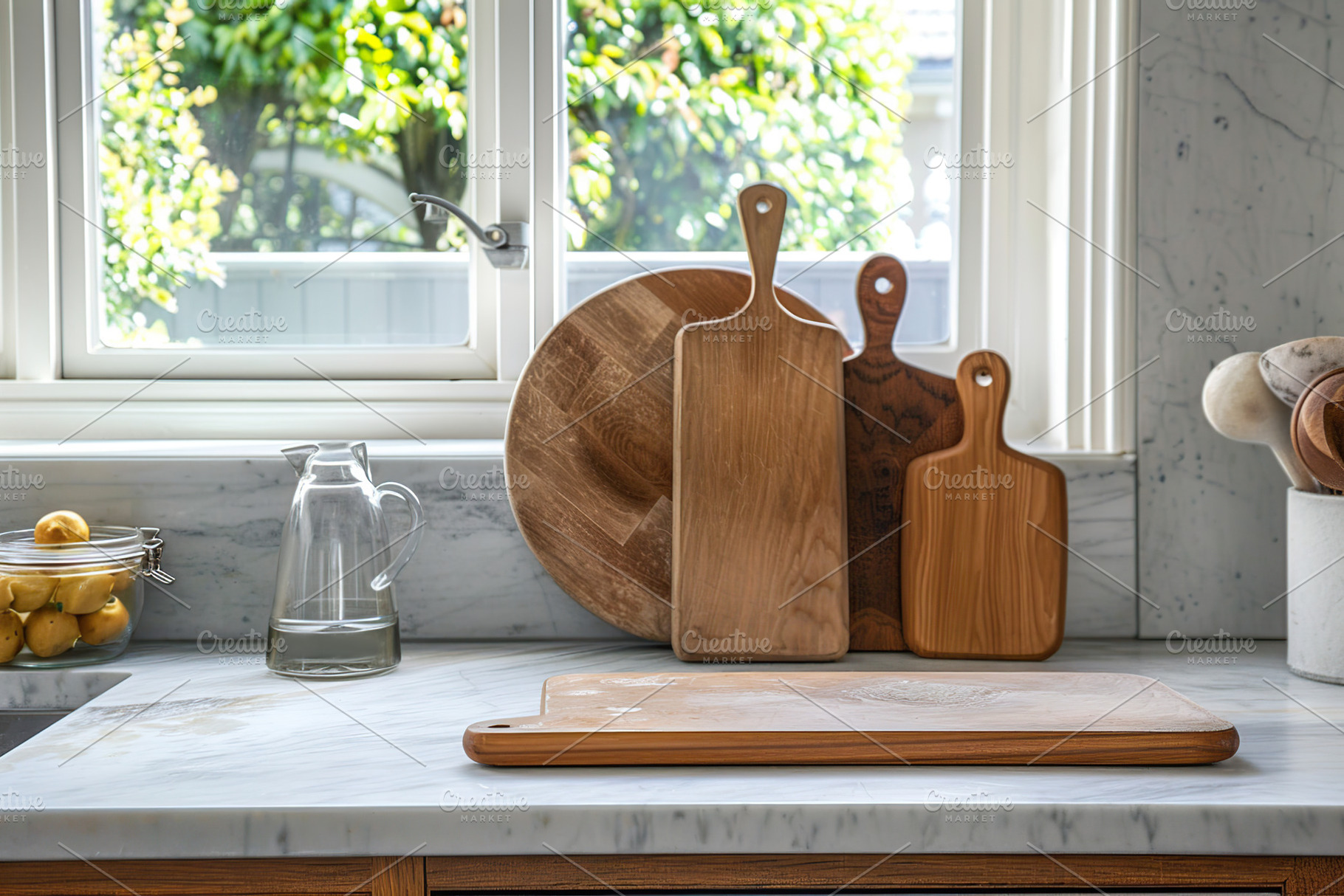 Marble table on bright kitchen interior background, a Photo by AlyaAnd