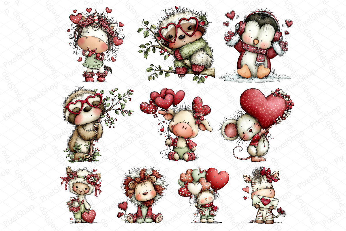 Whimsical Animals Valentine Day Clip, an Illustration by DreamPrint404 (Photo 3 of 7)