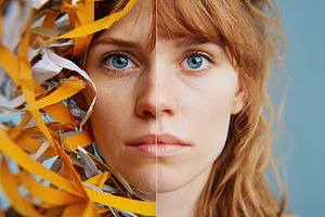 Abstract split portrait displaying contrasting halves of a woman's face and col, a Person Photo by AlyaAnd