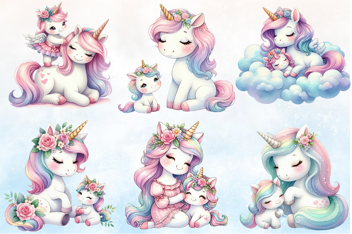 Mom and Baby Unicorn Sublima Clipart, a Seasonal Illustration by Rose Art (Photo 2 of 6)