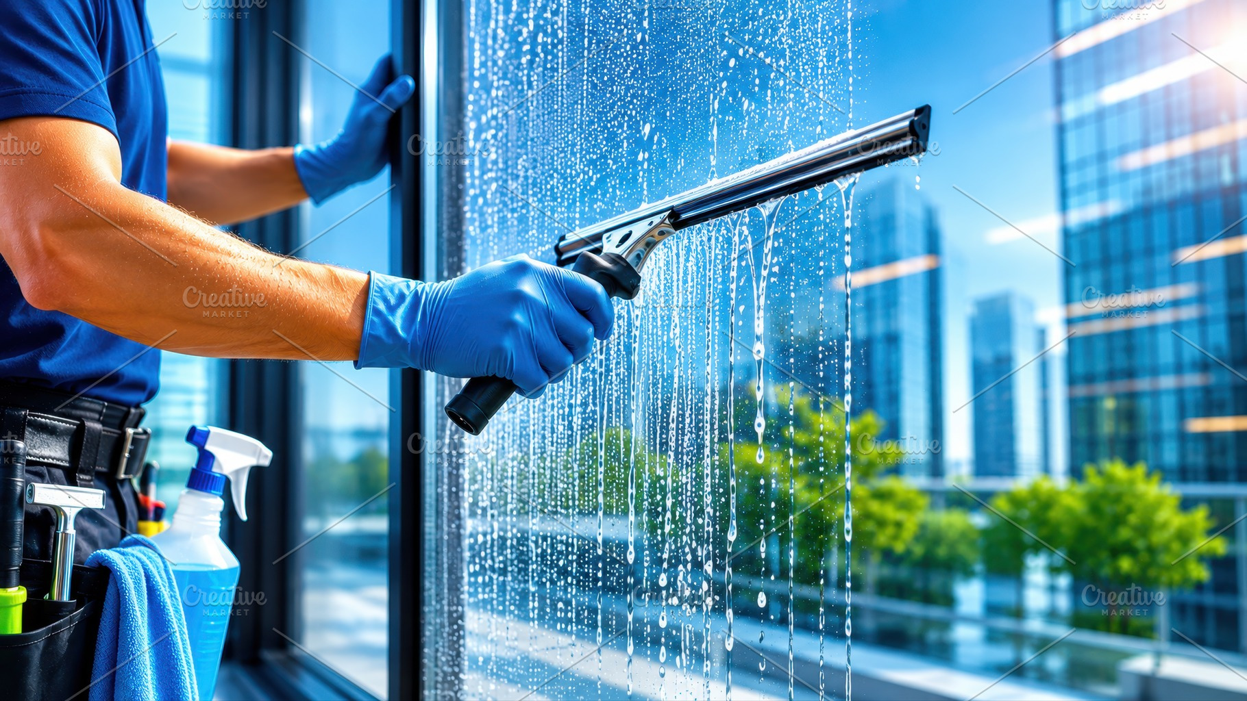 Window cleaning in a city building, a Photo by Beautiful things
