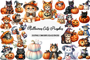 Cute Halloween Cats Punpkin Clipart, an Illustration by Daily.Designs