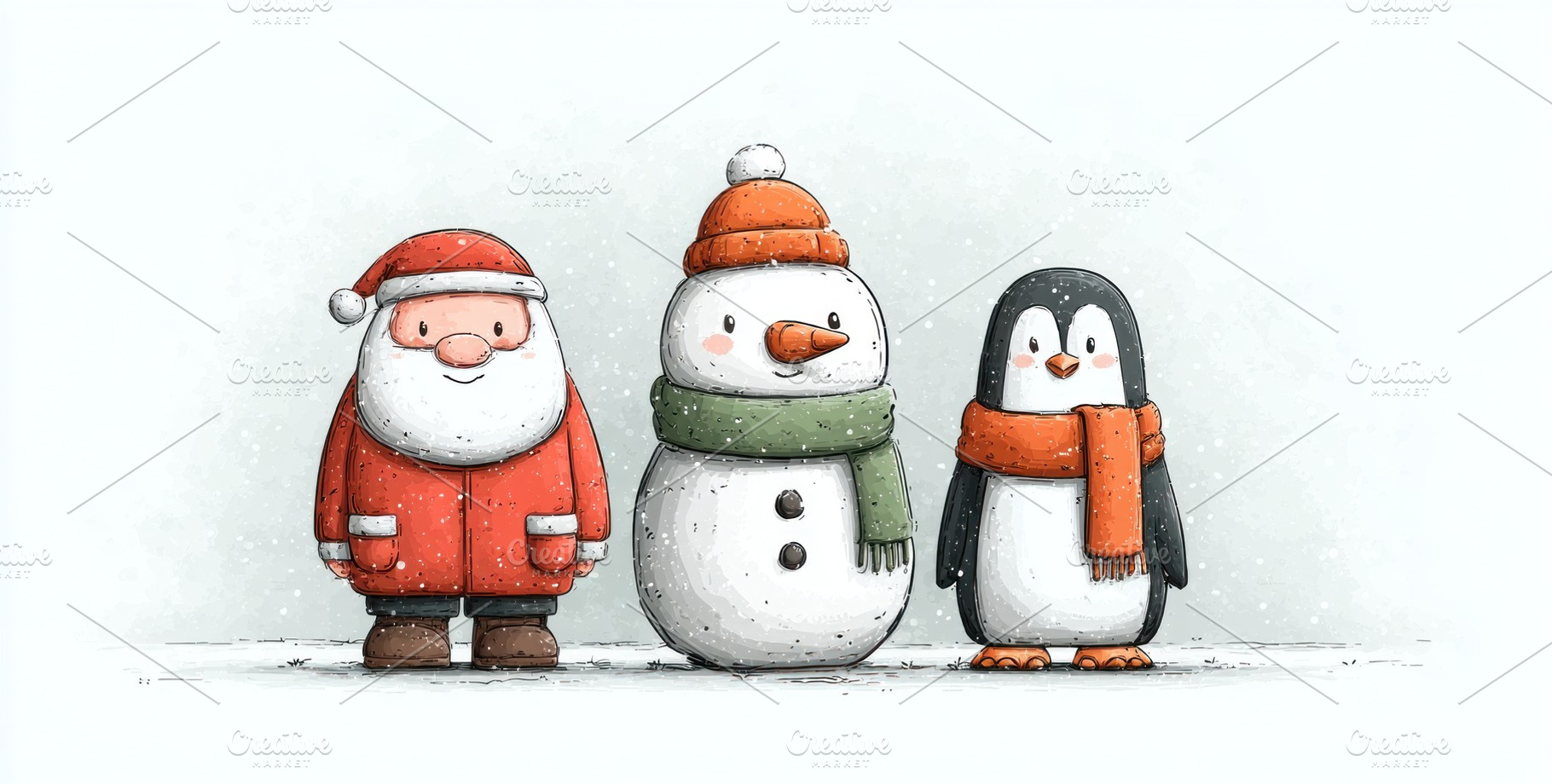 Cute Santa, snowman, and penguin standing together in snowy wint, a Person Photo by José Manuel Gelpi