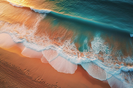 Ocean waves on beach sand from top view. Generative AI, a Nature Photo by AlyaAnd