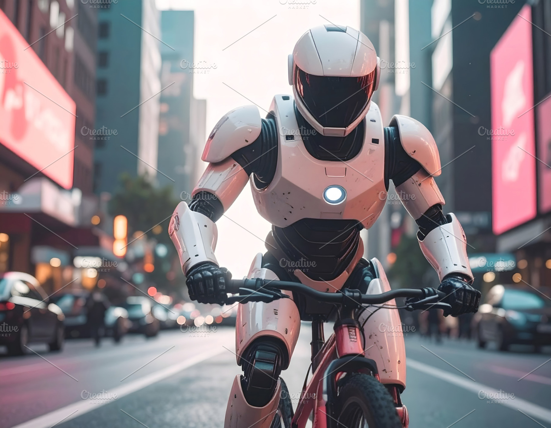 Humanoid robot riding bicycle confidently through illuminated ci, a Technology Photo by GoodGoods
