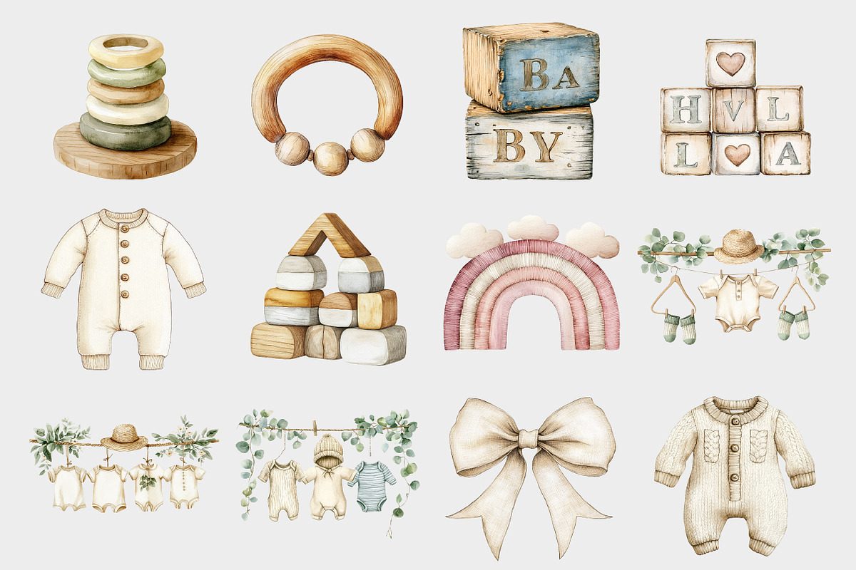 Watercolor Hanging Clothes Baby Clip, a Seasonal Illustration by Design Market (Photo 2 of 5)