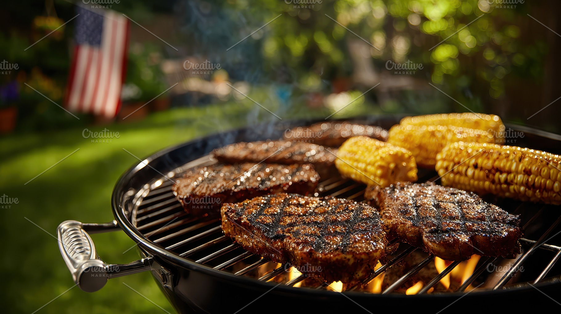 Grilled steaks and corn on the BBQ s, a Photo by Pixeness Studio