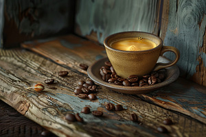 Flat lay of cup of coffee and coffee beans on wooden table, a Food & Drink Photo by AlyaAnd
