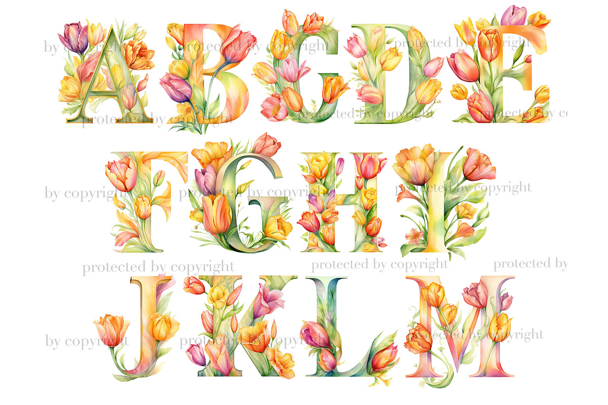 Tulips Alphabet Clipart | Flowers, a Decorative Illustration by GlamArtZhanna (Photo 3 of 6)