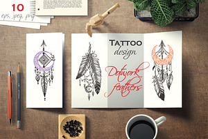 Dotwork feathers. Tattoo collection