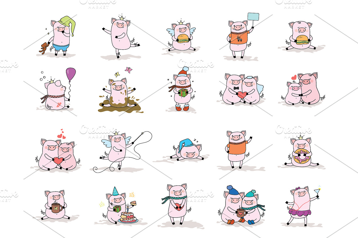 set of funny and cute pigs, an Illustration by naum_studio