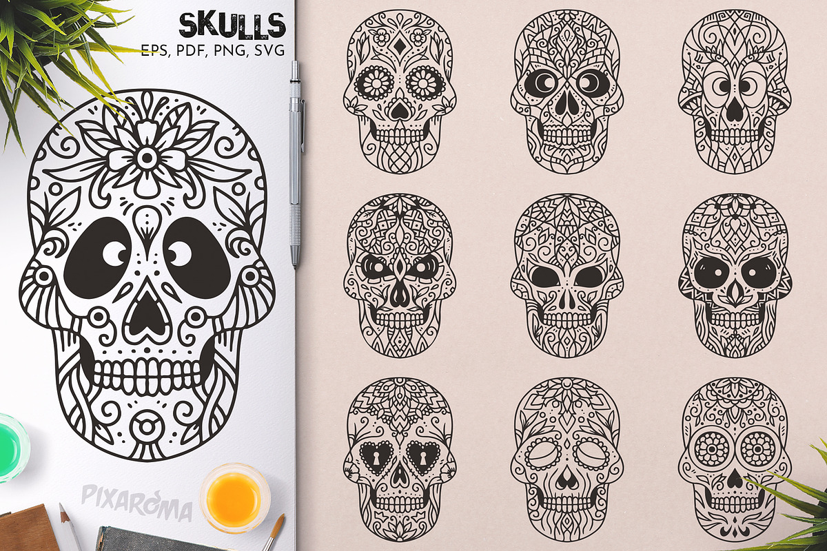 100 Decorative Vector Skulls, a Decorative Illustration by pixaroma (Photo 5 of 37)