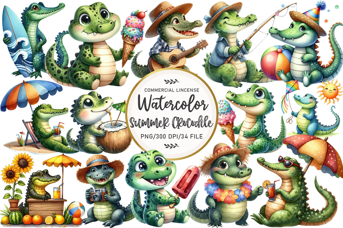 Watercolor Summer Crocodile Clipart, an Illustration by OK Design (Photo 1 of 5)