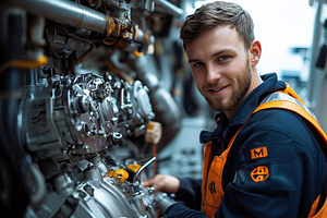 Young technician working on marine e, a Photo by Tanuart