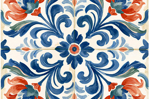 Mediterranean ceramic tile pattern with blooming flowers and swi, a Photo by Studio ANNA
