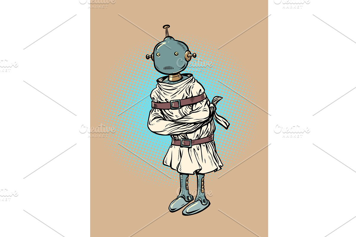A robot in a straitjacket, a Healthcare Illustration by rogistok