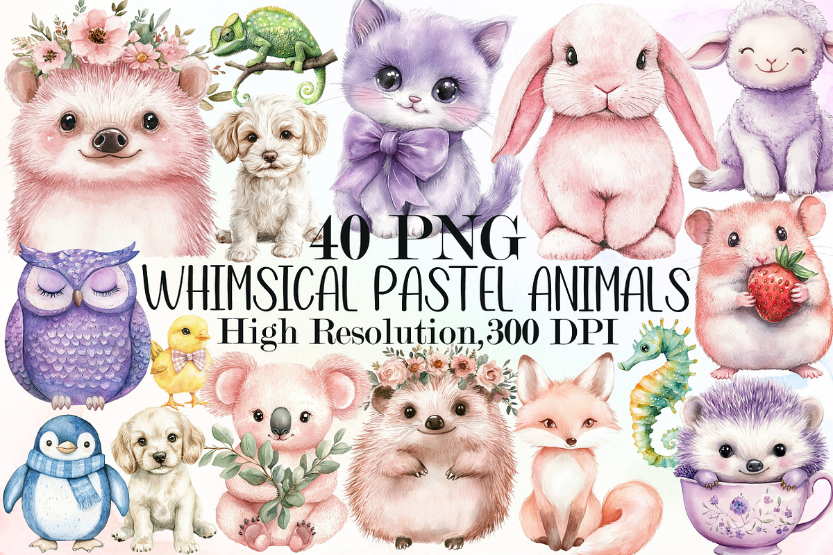 Whimsical Clipart Pastel Animals Set, an Illustration by Sublimation Artist (Photo 1 of 6)