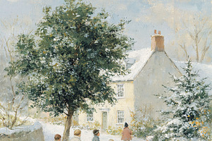 Children playing with a dog in a snowy village scene, celebratin, an Illustration by Studio ANNA