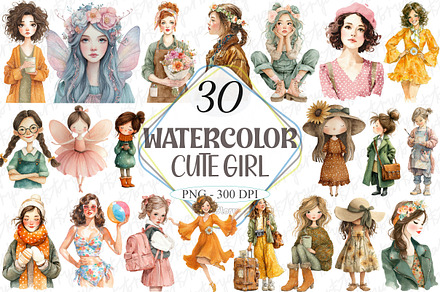Watercolor Cute Girl Clipart Bundle