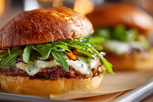 Burger with greens in a warm setting, a Photo by Beautiful things
