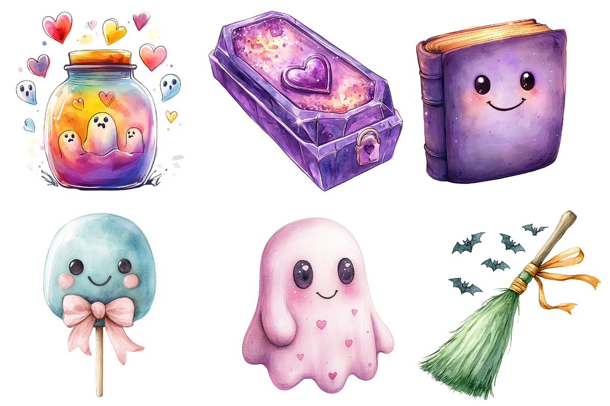 Cute Pastel Spooky Halloween Clipart, an Illustration by Watercolor design (Photo 3 of 4)