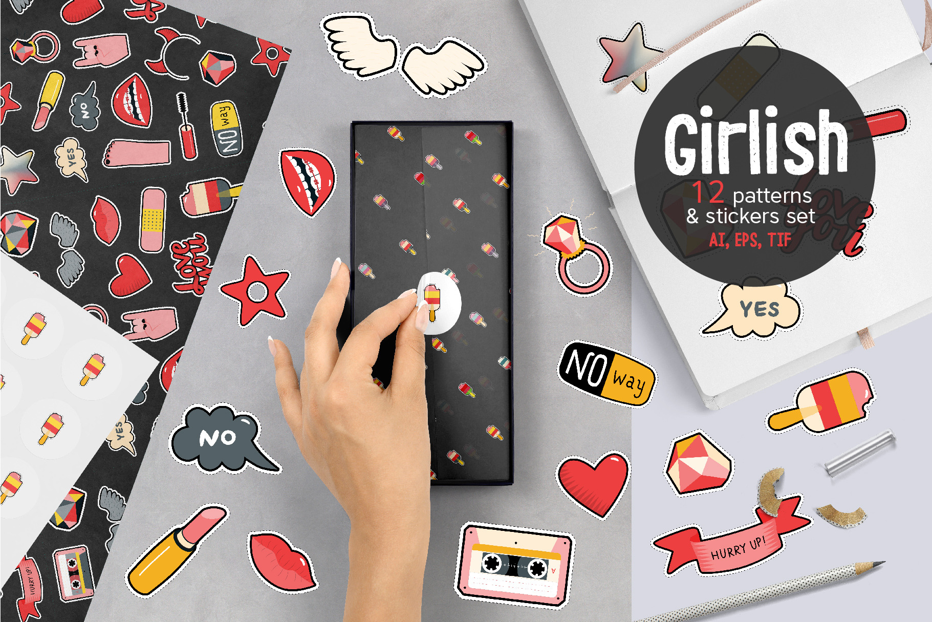 Girlish 12 patterns and stickers set, a Pattern Graphic by Grivina's shop