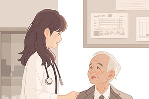 Female doctor consulting with elderly man seated in a modern medical office, an Illustration by AS photostudio