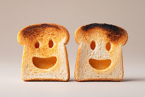 Happy toast popping out with cheerful faces for a delightful breakfast experien, a Photo by AlyaAnd