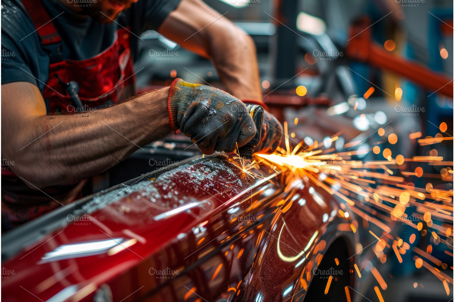 auto repairman grinding autobody, an Industrial Photo by Neirfy