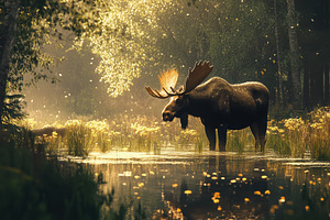 Majestic moose wading through tranqu, a Photo by Pavel_design