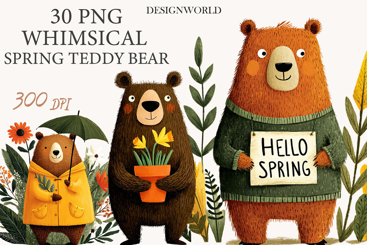 Whimsical Spring Teddy bear Clipart, an Illustration by Designworld