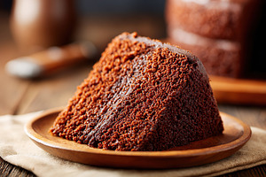 Decadent chocolate sponge cake served on a rustic wooden plate in a cozy kitche, a Food & Drink Photo by AlyaAnd