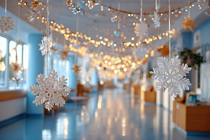 Festive decorations with snowflakes and lights in a winter-themed hallway, a Photo by AlyaAnd