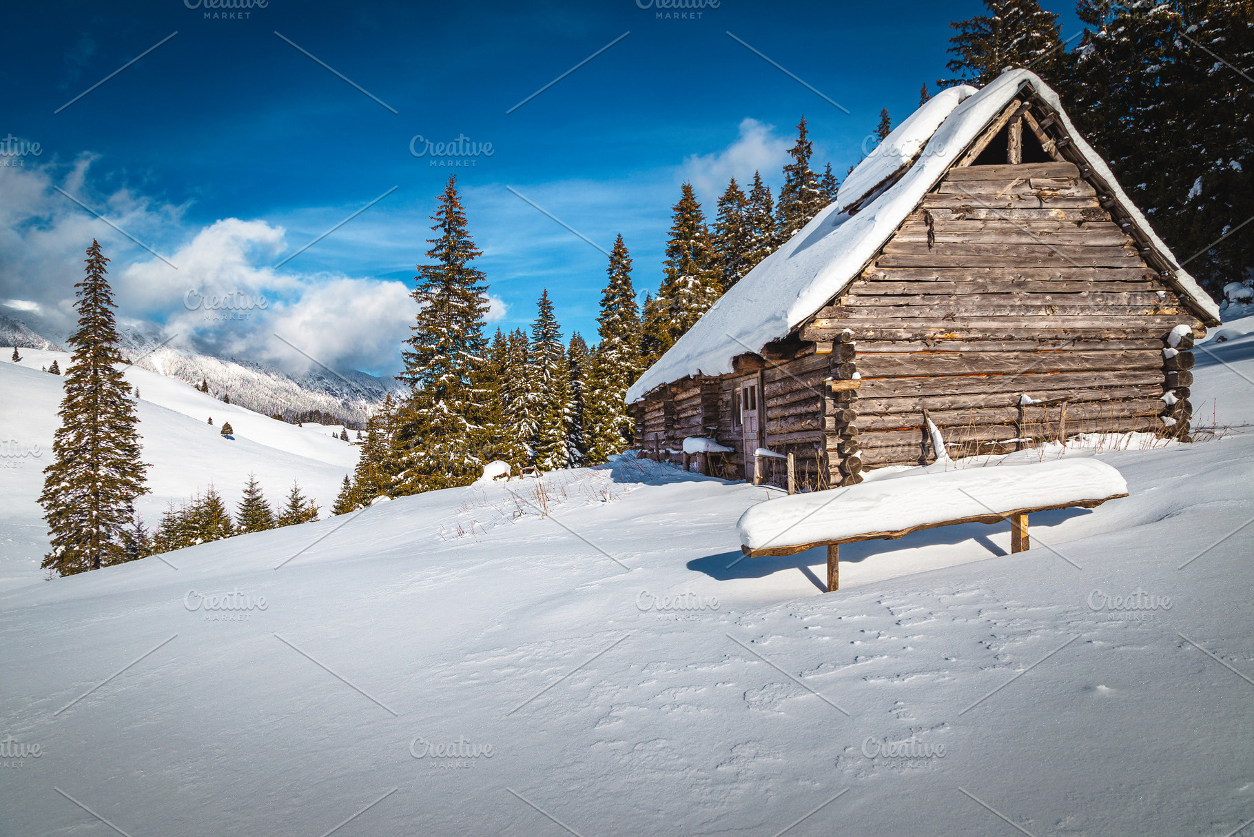 Winter landscape and snowy log house, an Architecture Photo by Alpine Dreams