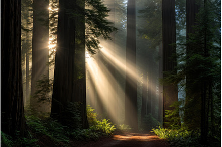 Serene Redwood forest sunrays, a Nature Photo by Ylivdesign