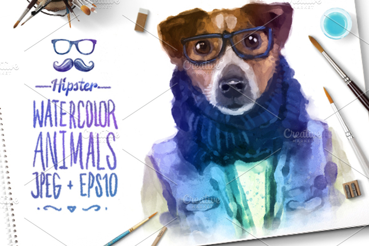Watercolor Hipster Animals | Dog, an Animal Illustration by Krolone