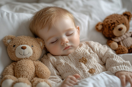 Newborn child in co-sleeper crib sleeping with his bear toy, a Person Photo by AlyaAnd