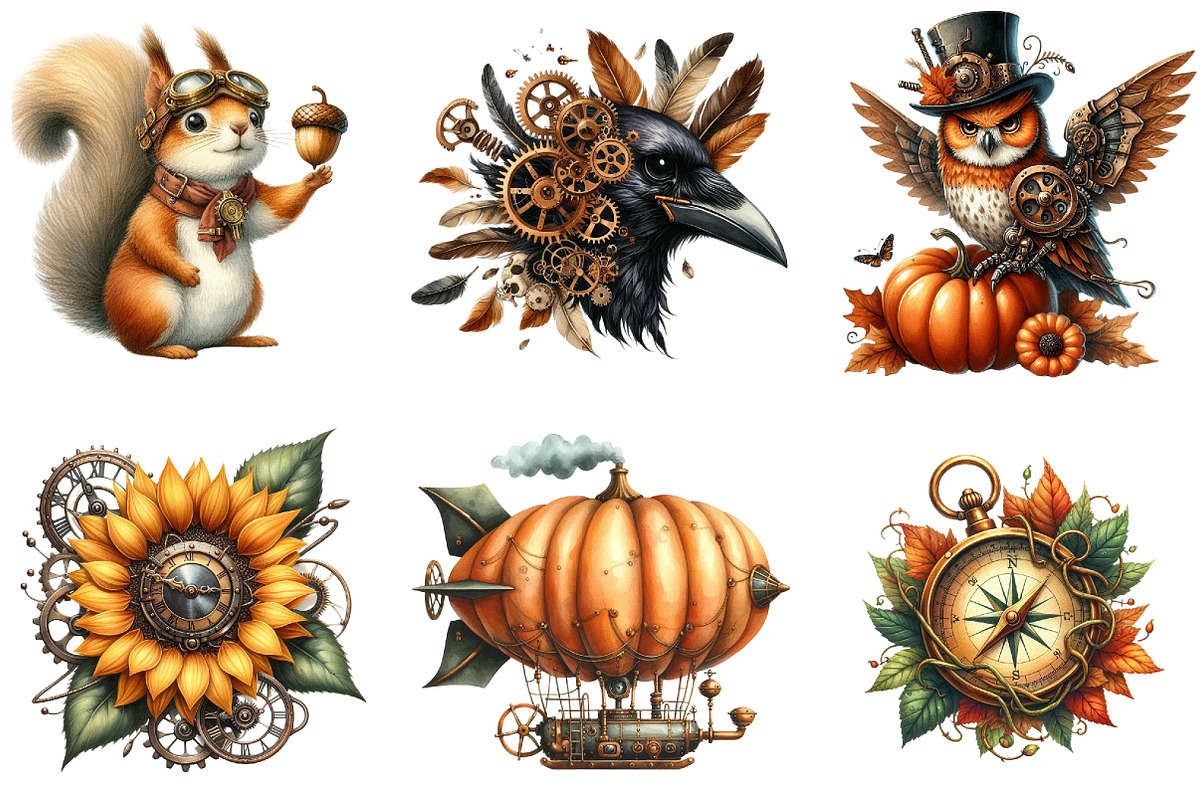Watercolor Steampunk Autumn Clipart, a Seasonal Illustration by DreamArtGraphic (Photo 3 of 7)